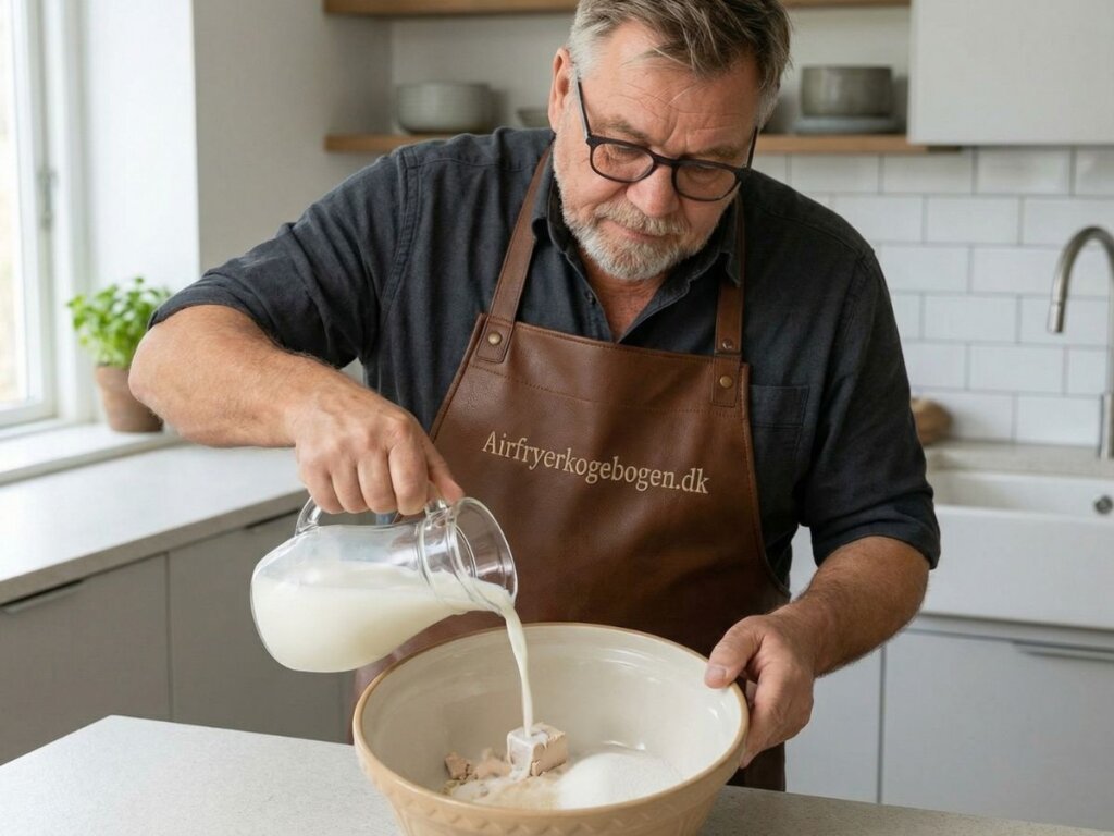 Morten haelder kold maelk i en skaal med gaer og sukker for at starte wienerdejen