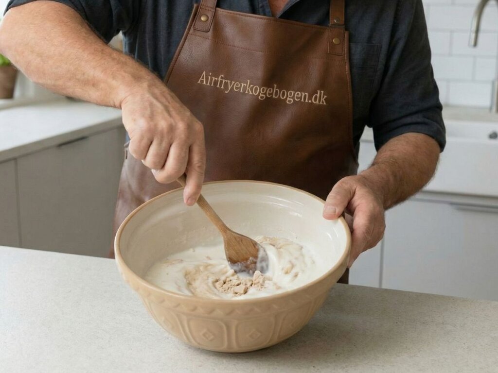 ingredienserne roeres forsigtigt sammen i skaalen saa maelken holder sig kold