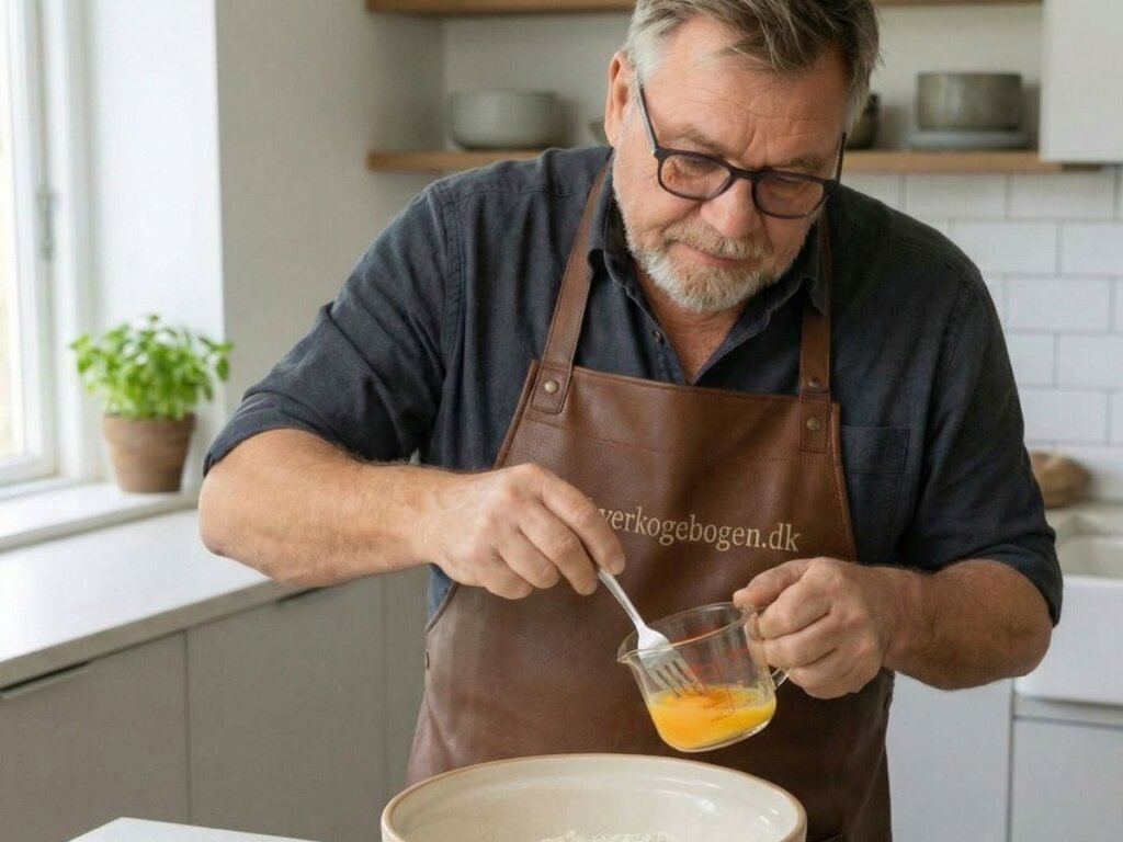 Morten pisker et aeg let og tilfoejer det til blandingen i skaalen