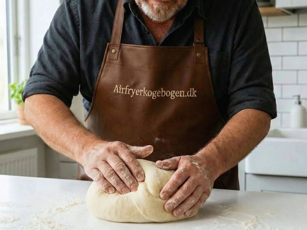 Morten aelter dejen kort sammen med haenderne paa et bord drysset med mel