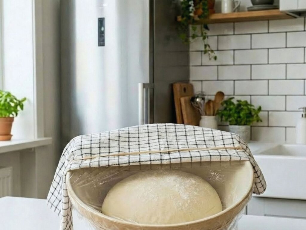 A block of cold butter is placed on a sheet of parchment paper on the counter, with another sheet ready to be placed on top.