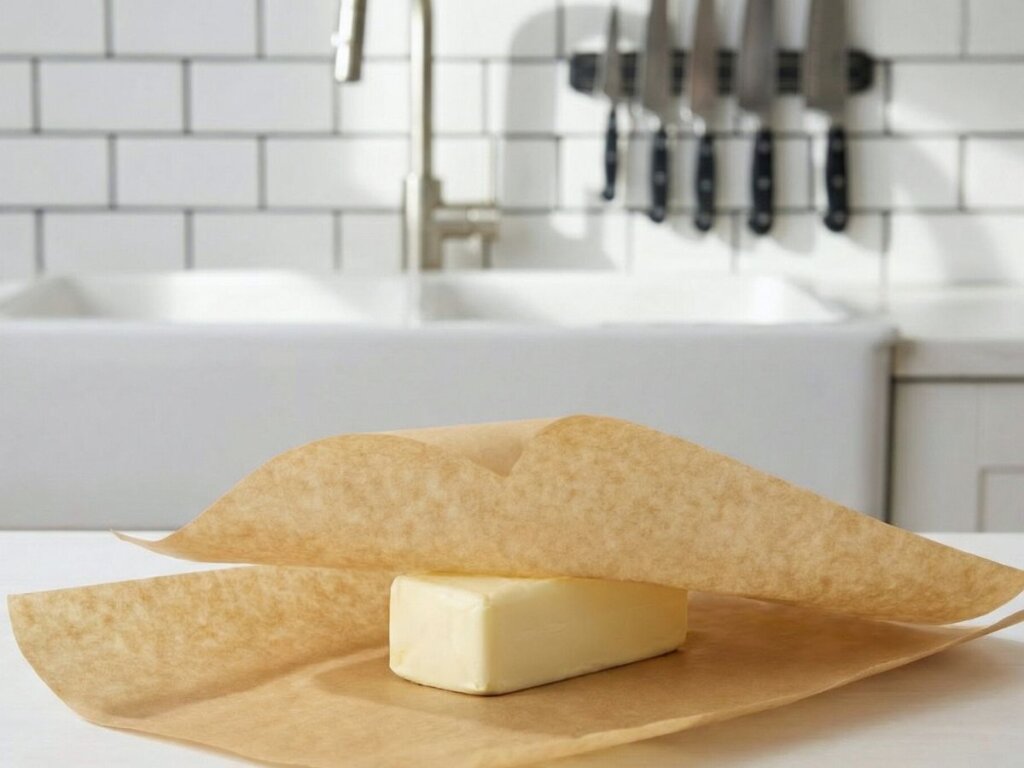 et stykke koldt smoer placeres mellem to ark bagepapir for at undgaa at det klaeber