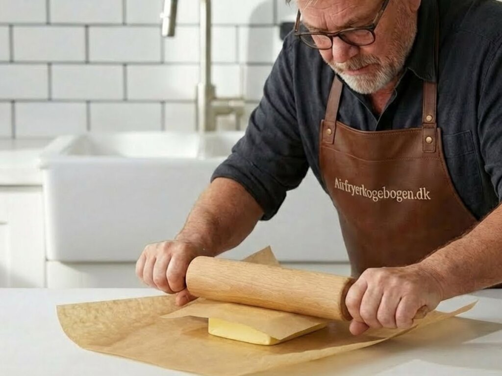 Morten banker smoerret fladt med en kagerulle mellem to stykker bagepapir