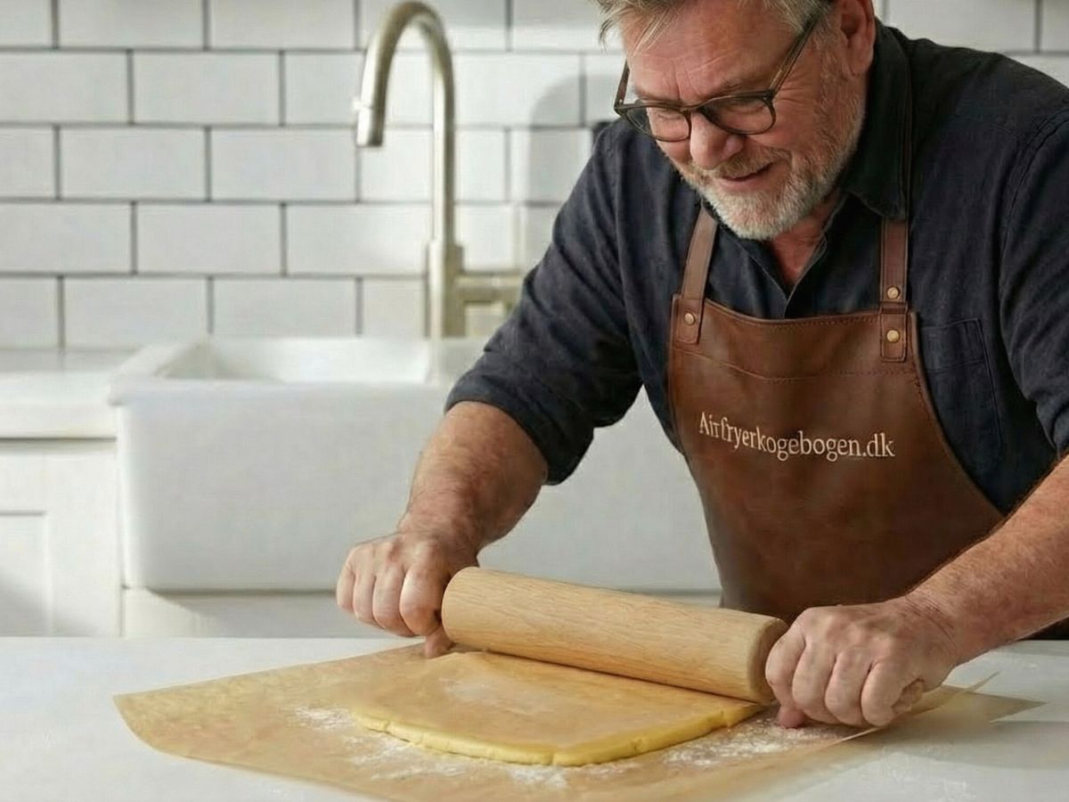 smoerret rulles ud til en jævn kvadratisk plade klar til indpakning i dejen