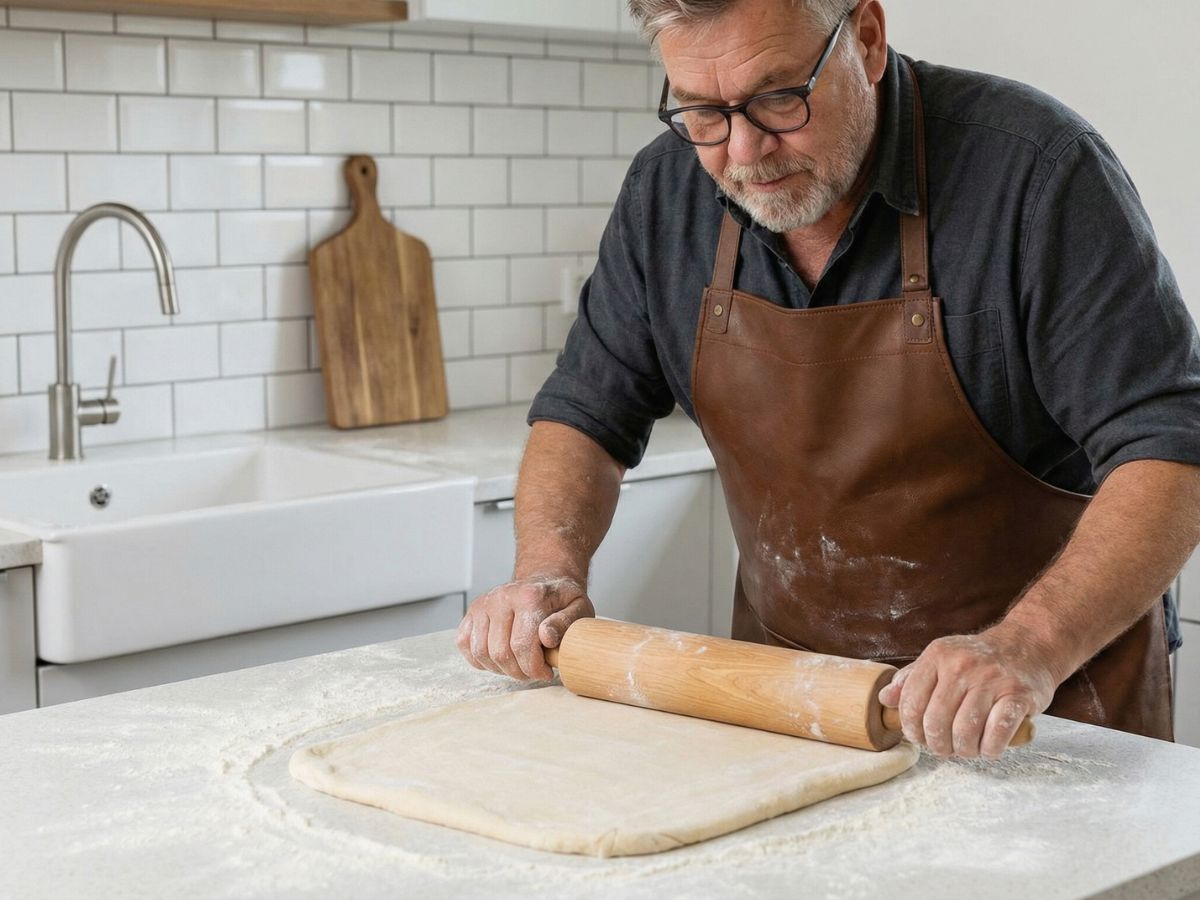 den kolde dej tages ud og rulles til et stort kvadrat paa koekkenbordet