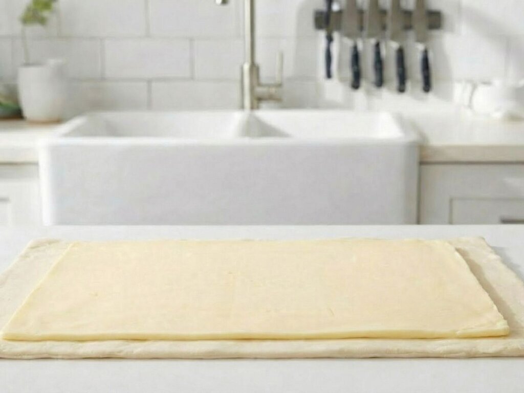 den udrullede smoerplade laegges diagonalt midt paa den udrullede dej