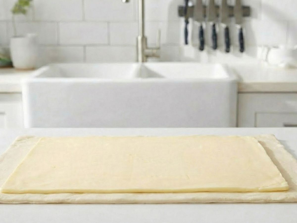 den udrullede smoerplade laegges diagonalt midt paa den udrullede dej