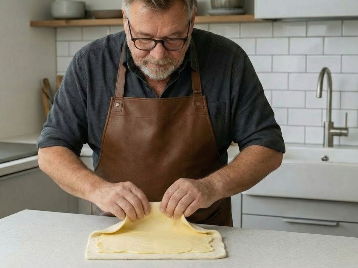 dejens hjoerner foldes tæt ind over smoerret saa det er helt daekket
