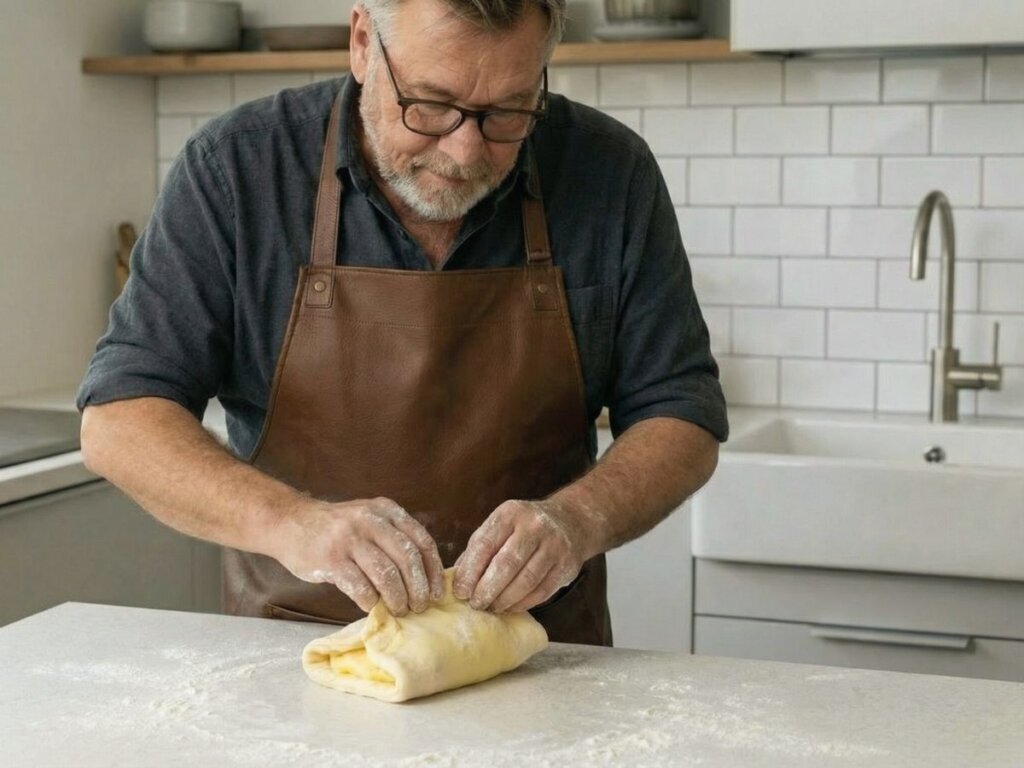 kanterne trykkes sammen og dejpakken vendes om saa samlingerne vender nedad