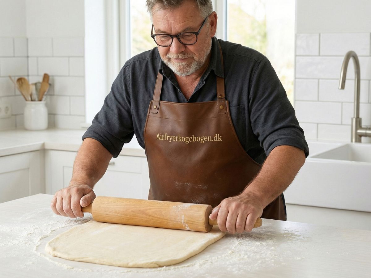 morten ruller wienerdejen ud paa et meldrysset hvidt koekkenbord til cirka 5 mm tykkelse med en kagerulle