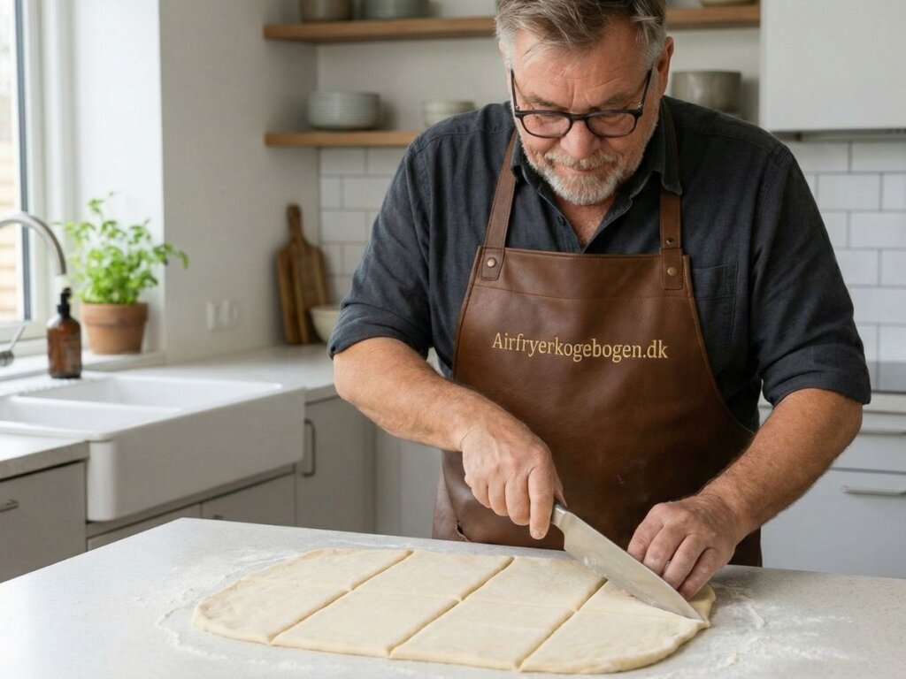 den udrullede dej skaeres i 8 lige store firkanter paa 10x10 cm med en skarp kniv paa bordpladen