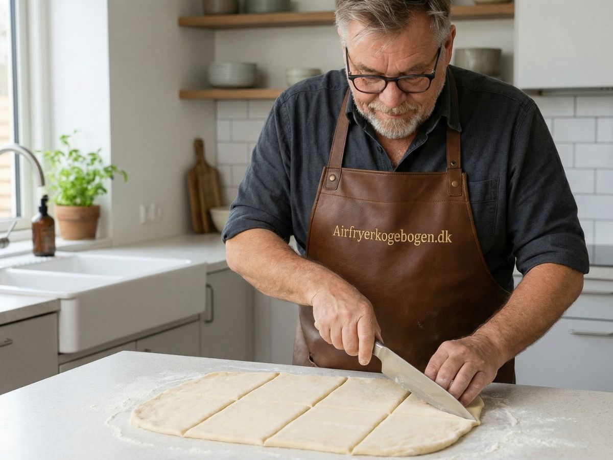 den udrullede dej skaeres i 8 lige store firkanter paa 10x10 cm med en skarp kniv paa bordpladen