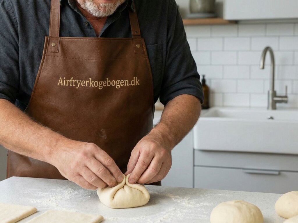 naerbillede af mortens haender der folder hjoernerne paa dejfirkanterne ind mod midten for at forme runde boller