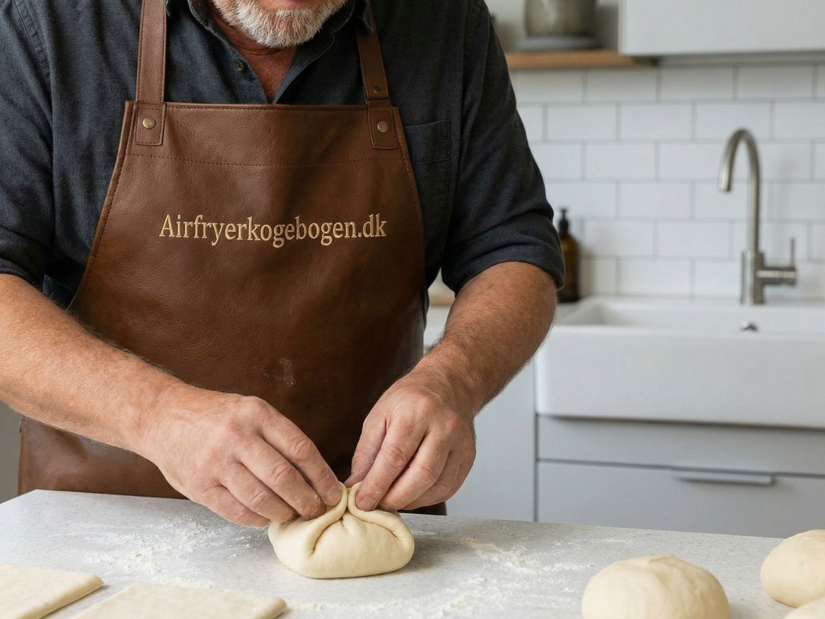 naerbillede af mortens haender der folder hjoernerne paa dejfirkanterne ind mod midten for at forme runde boller