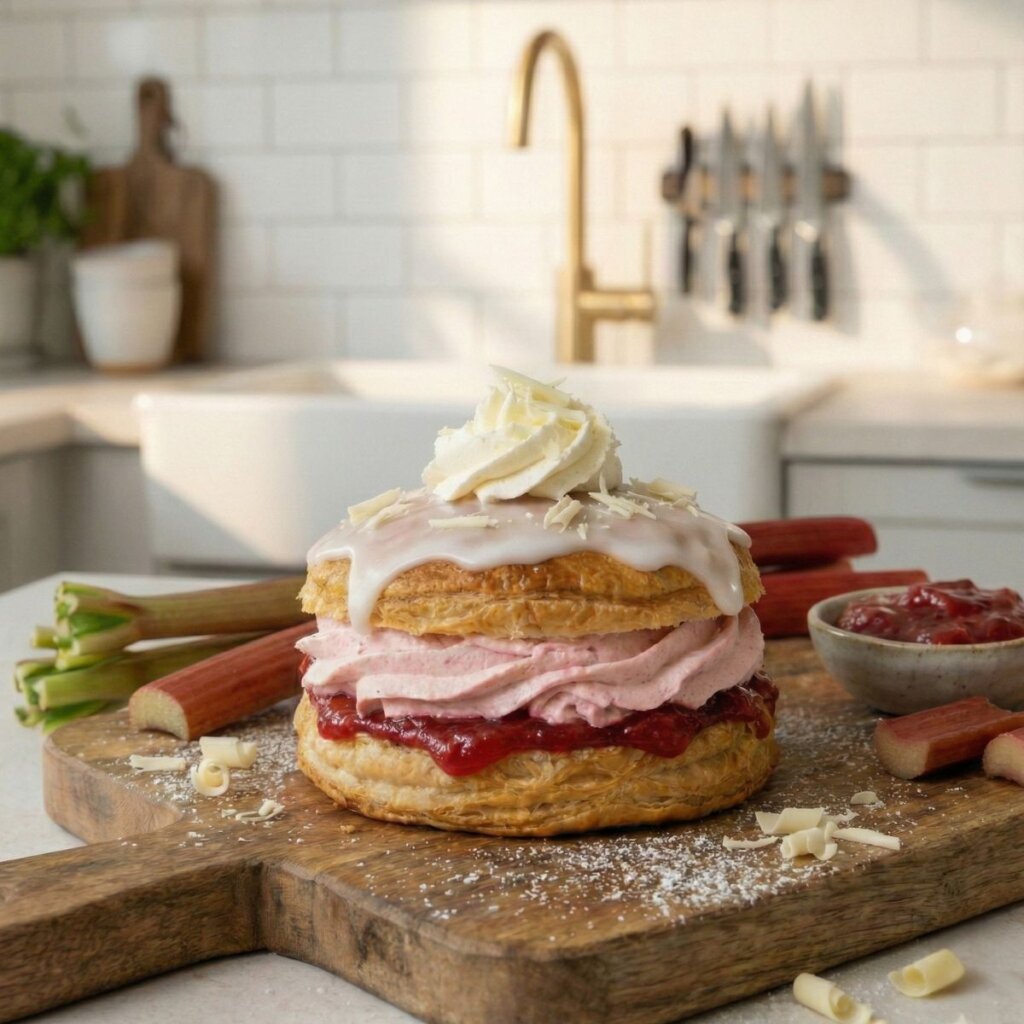 Luksus fastelavnsbolle på sprød wienerdej fyldt med rabarbermarmelade og luftigt rabarberlødeskum. Toppet med blank hvid glasur, flødeskum og fintrevet hvid chokolade. Serveret på et træ skærebræt i et nyt nordisk køkken