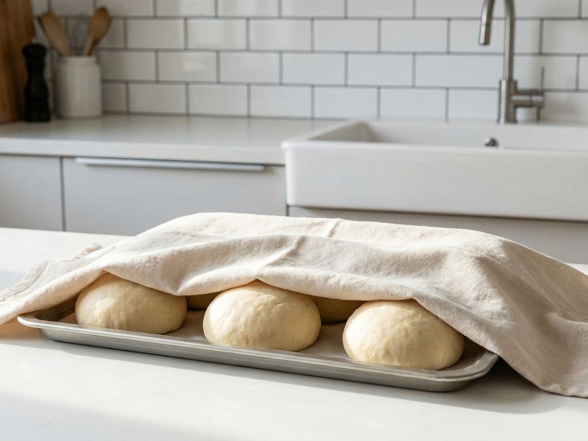 bollerne haever paa det hvide koekkenbord daekket af et viskestykke i 30 minutter inden bagning