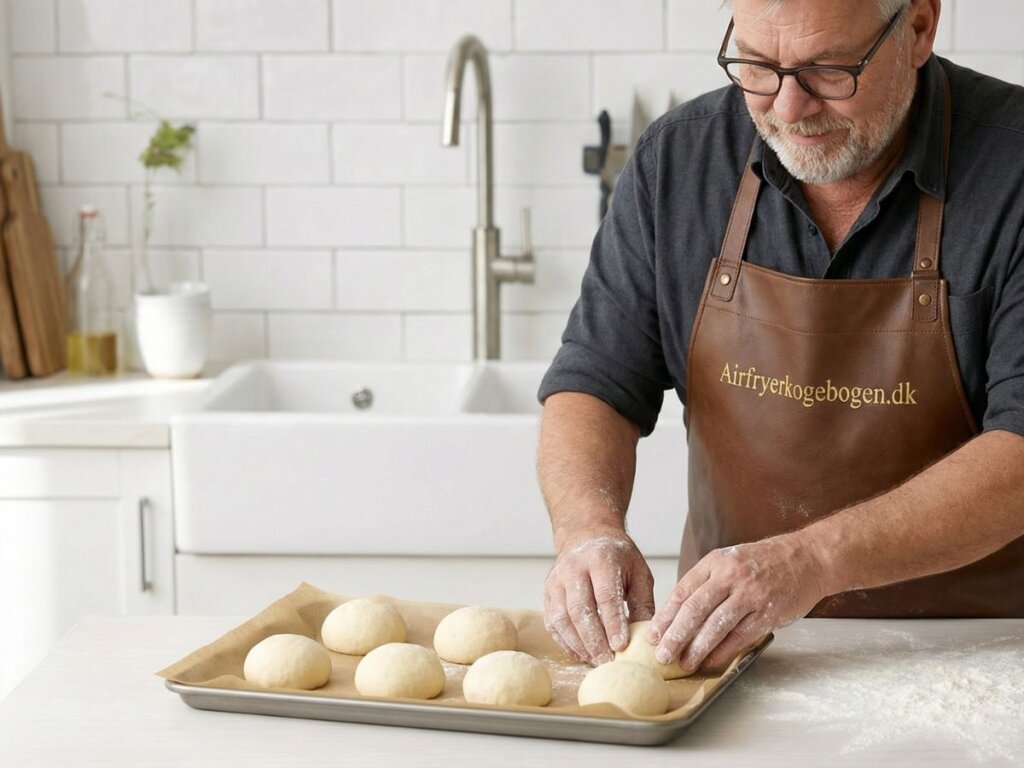 de formede raa fastelavnsboller placeres med god afstand paa bagepapir der passer til airfryeren