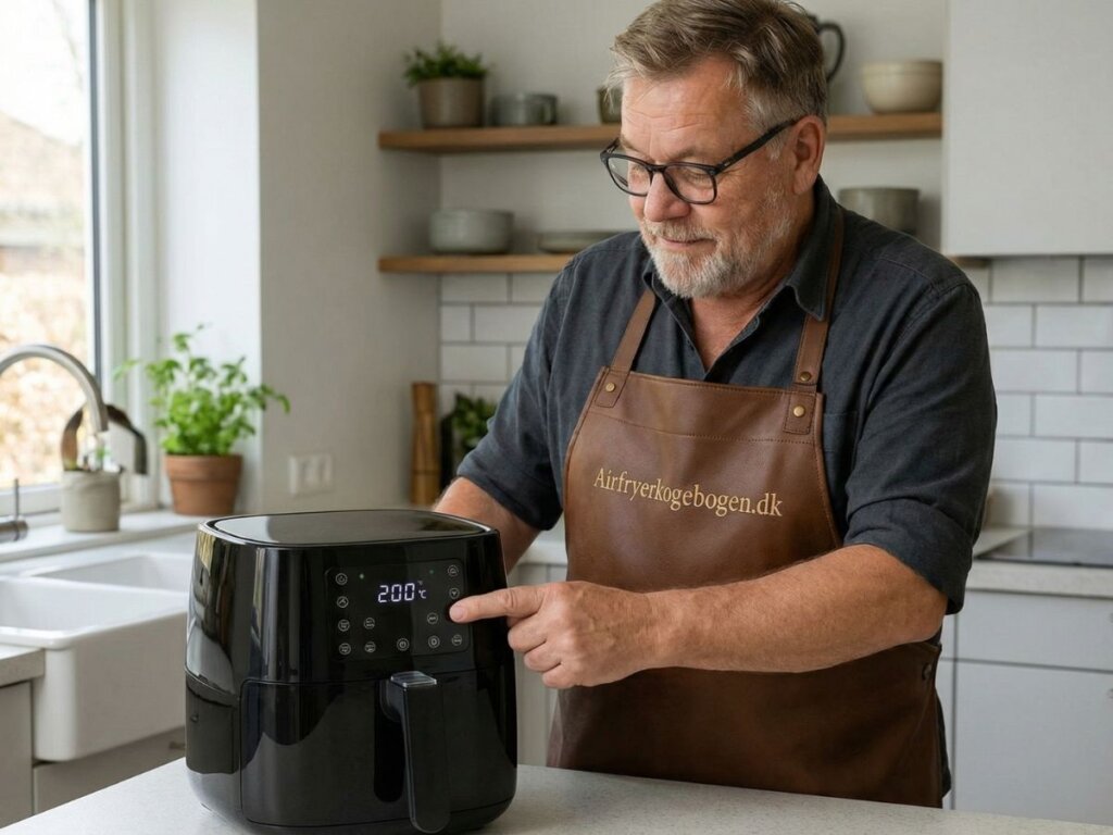 morten indstiller den sorte airfryer paa koekkenbordet til 200 grader saa den er klar til at bage bollerne