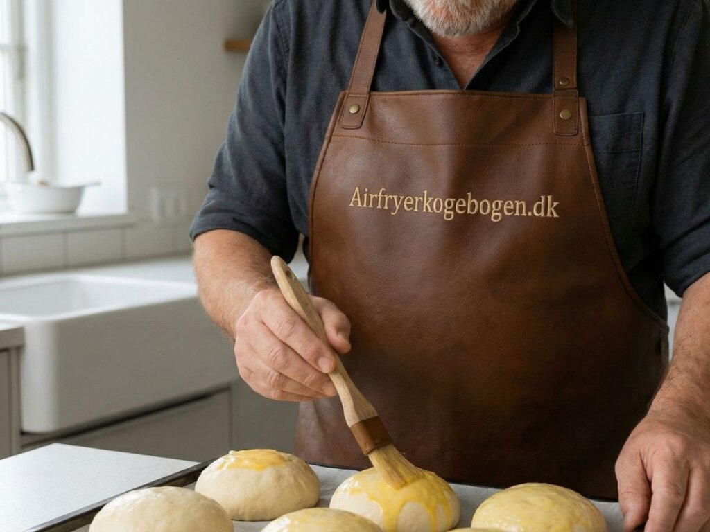 naerbillede af morten der pensler de haevede boller med sammenpisket aeg for at give dem en gylden overflade
