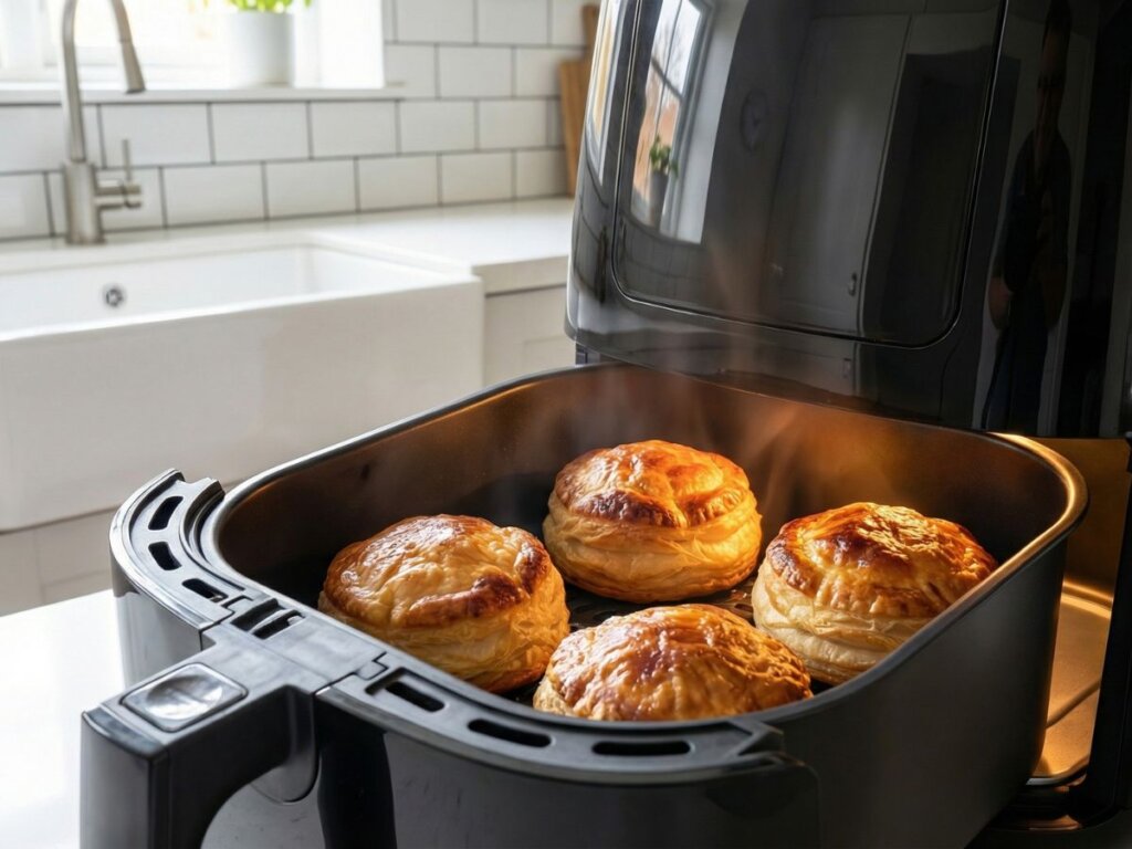 kig ned i den sorte airfryer kurv hvor wienerbrødsbollerne bager og bliver gyldne og sproede