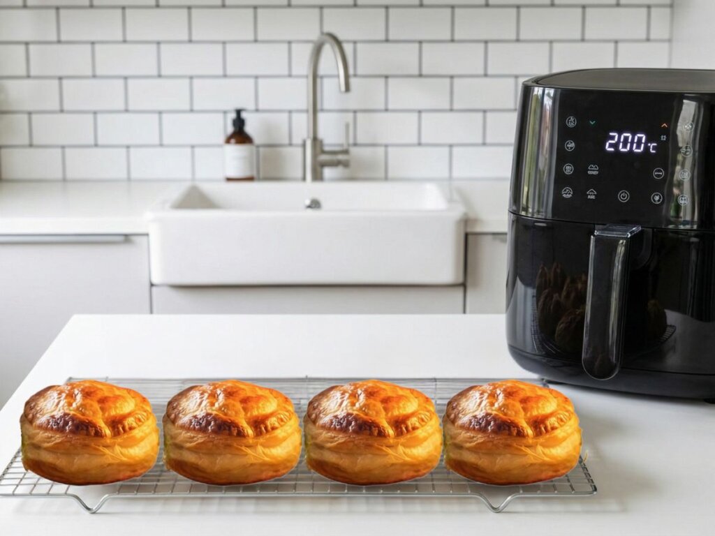 de faerdigbagte gyldne boller ligger til afkoeling paa en bagerist paa det hvide koekkenbord ved siden af airfryeren