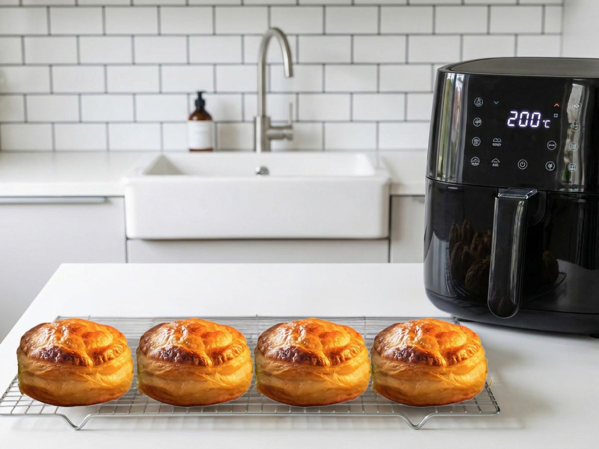 de faerdigbagte gyldne boller ligger til afkoeling paa en bagerist paa det hvide koekkenbord ved siden af airfryeren