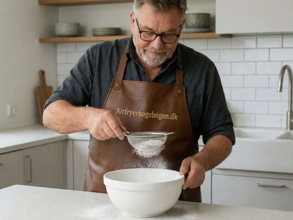 morten sigter flormelis gennem en si ned i en hvid keramisk skaal for at undgaa klumper i glasuren
