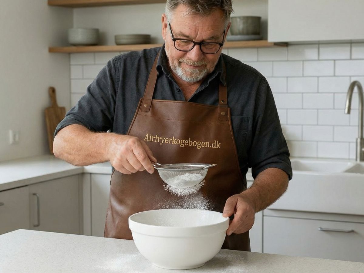 morten sigter flormelis gennem en si ned i en hvid keramisk skaal for at undgaa klumper i glasuren