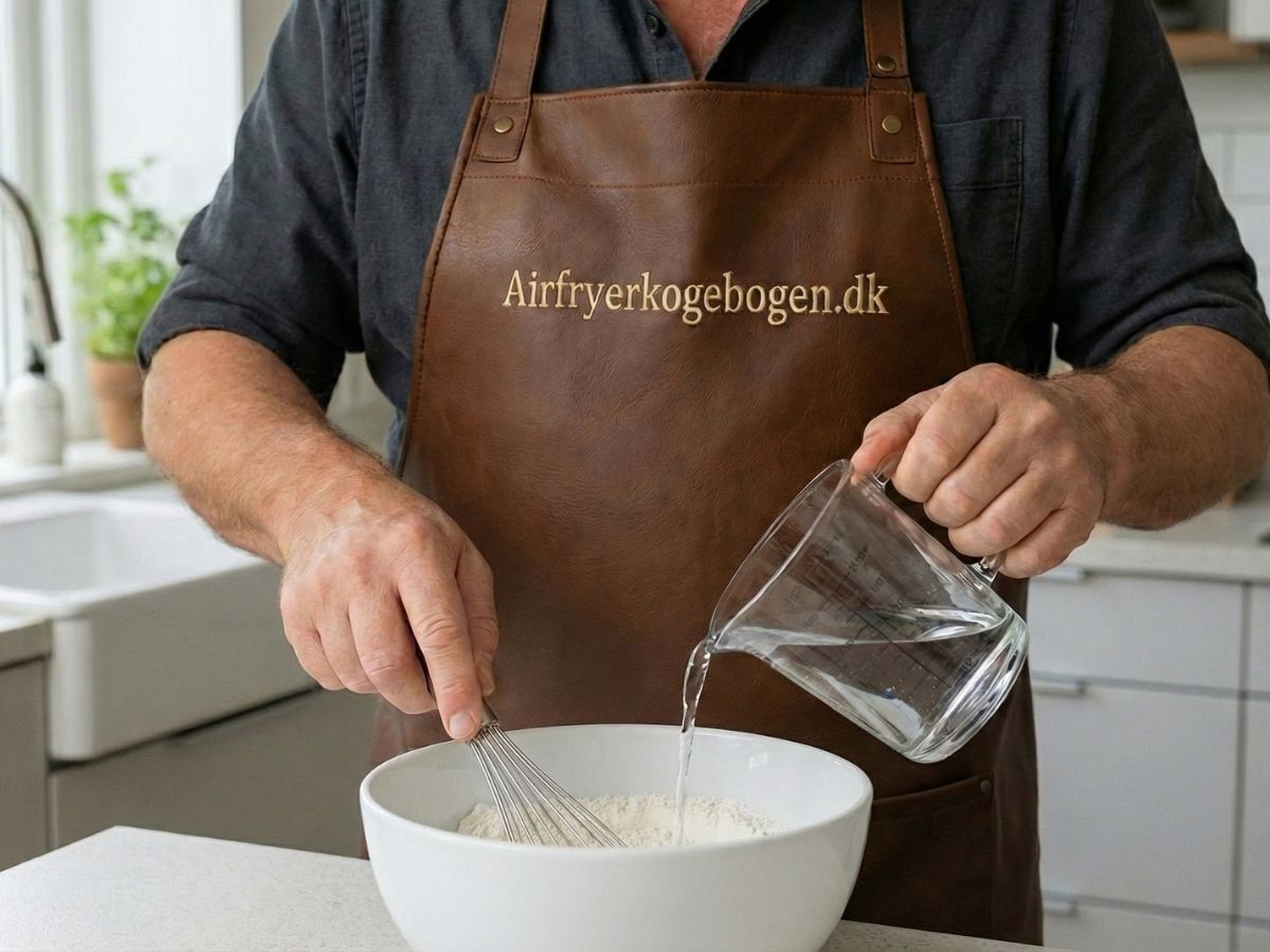 naerbillede af vand der tilfoejes forsigtigt til flormelisen mens der roeres med et lille piskeris