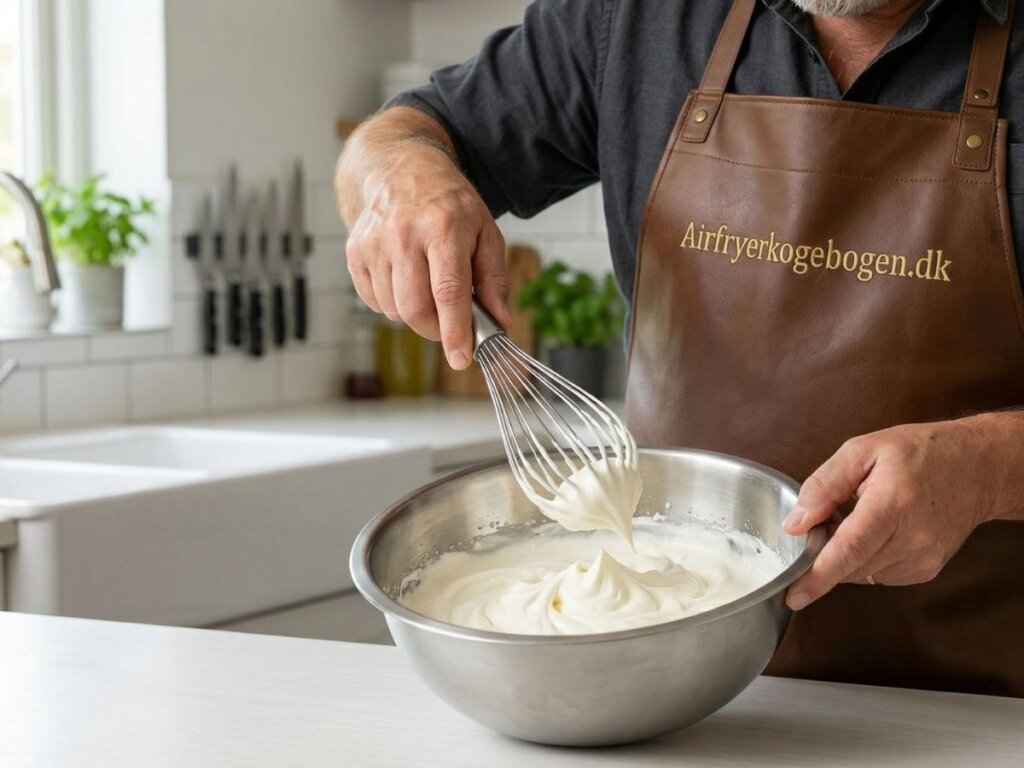 morten pisker den kolde floede til let skum med et haandpiskeris i en metalskaal