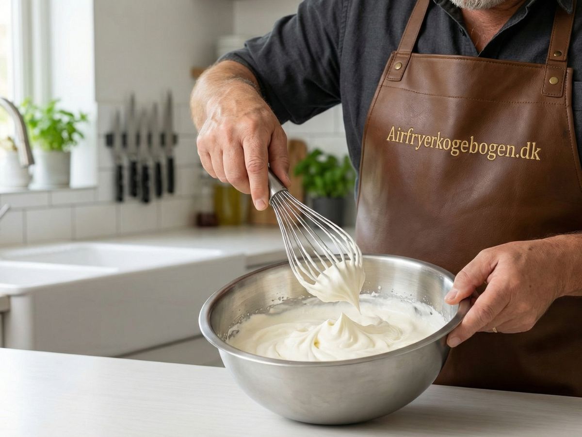morten pisker den kolde floede til let skum med et haandpiskeris i en metalskaal