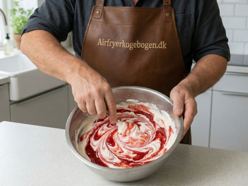det faerdige fyld af floedeskum og rabarber ses i skaalen med en flot og tydelig marmoreret effekt