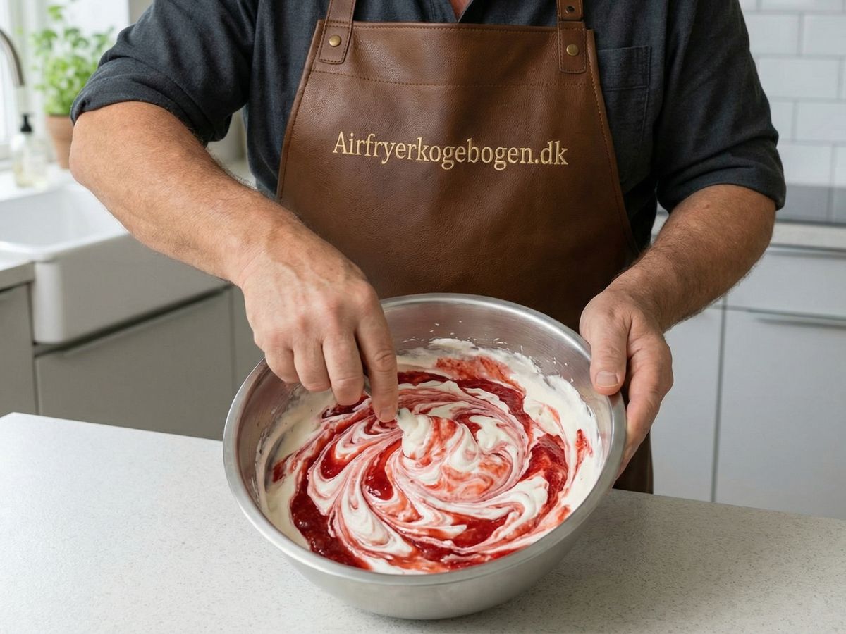 det faerdige fyld af floedeskum og rabarber ses i skaalen med en flot og tydelig marmoreret effekt