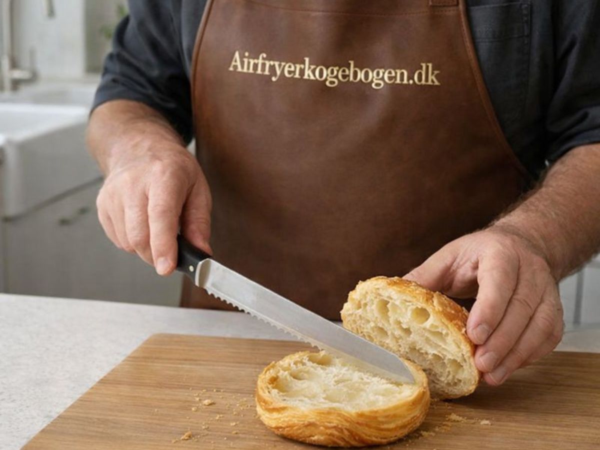 morten skaerer de afkoelede gyldne boller over i to halvdele med en brødkniv paa et skaerebraet