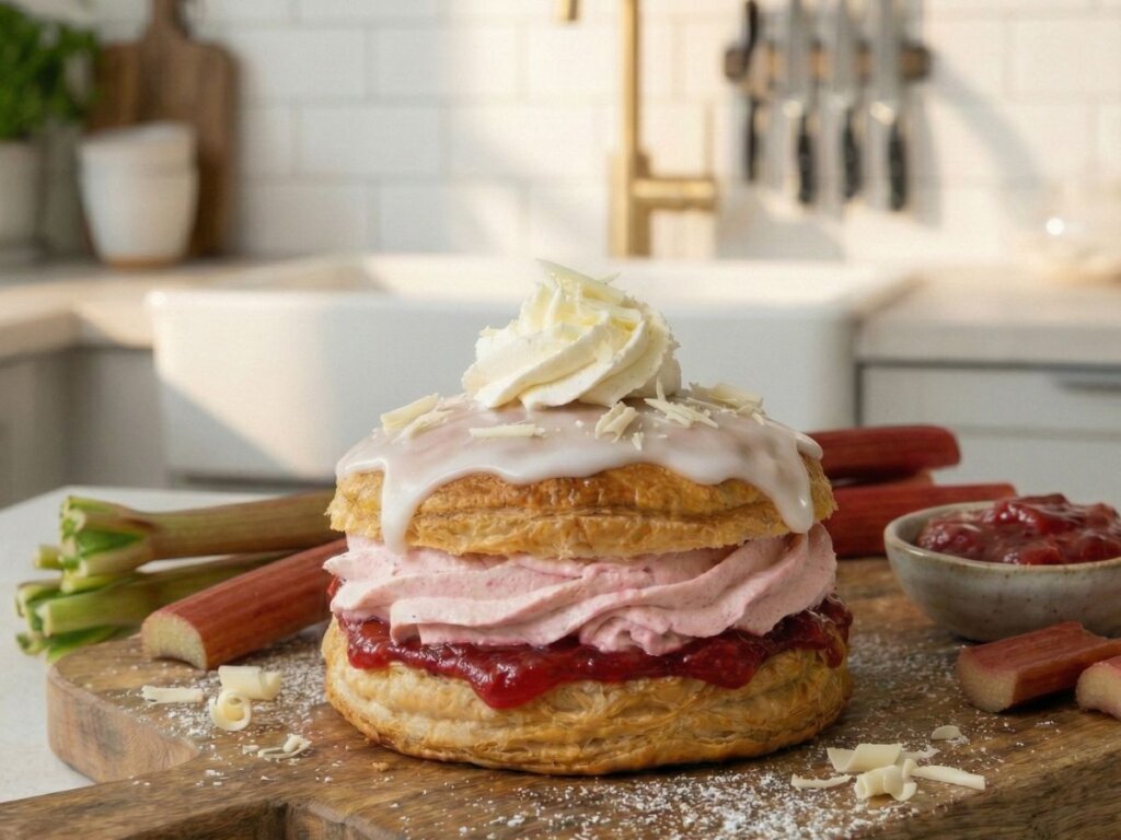 de faerdigsamlede og flot pyntede fastelavnsboller serveret paa et fad paa det hvide koekkenbord klar til servering