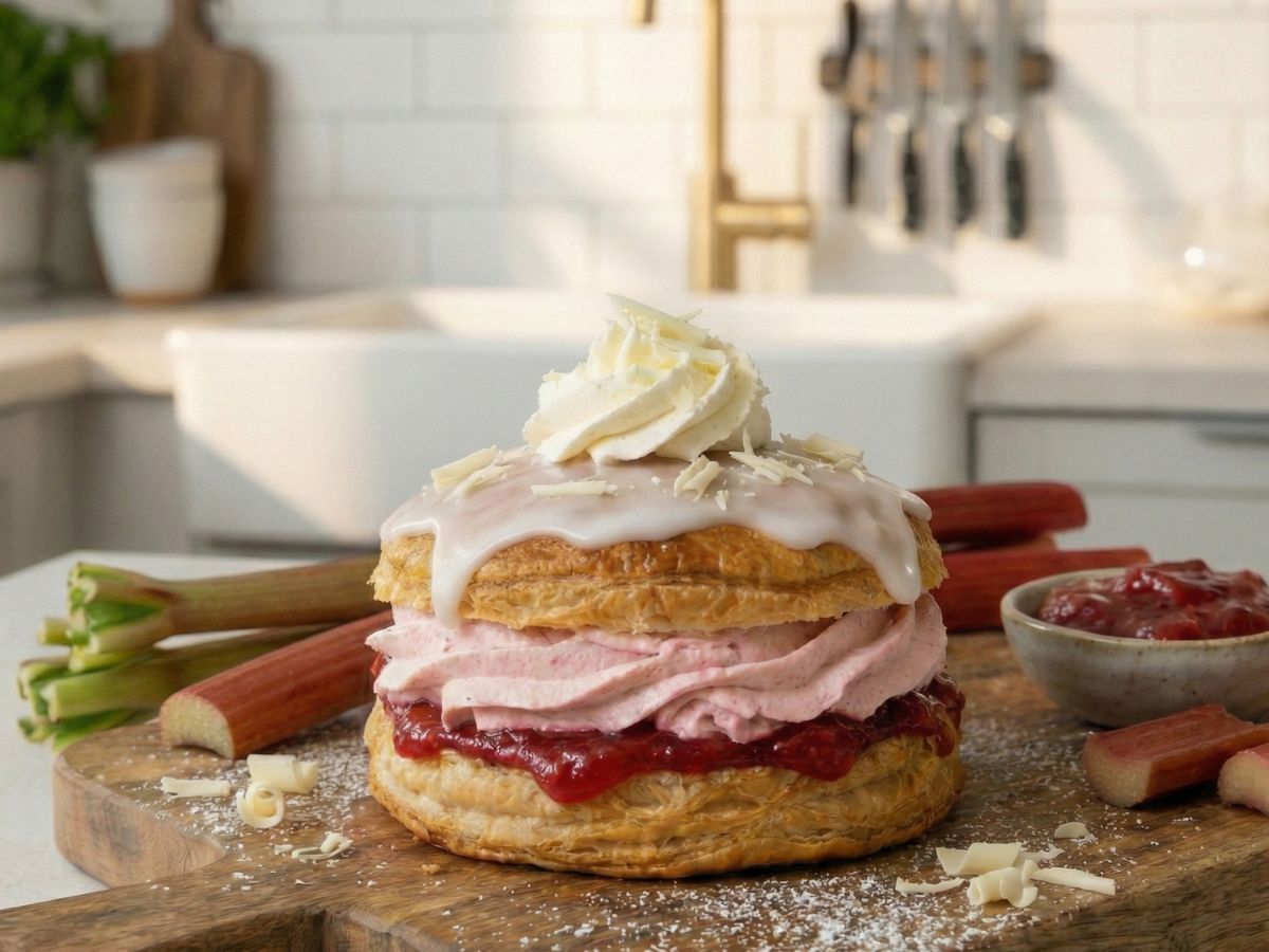 de faerdigsamlede og flot pyntede fastelavnsboller serveret paa et fad paa det hvide koekkenbord klar til servering