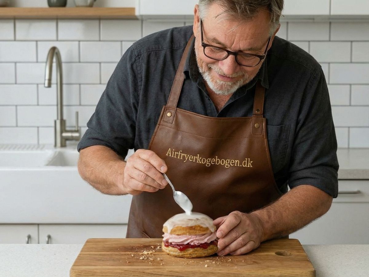 morten pynter toppen af bollen i skaalen med den hvide glasur inden den laegges ovenpaa skummet