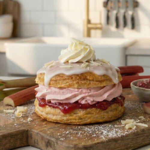 Fastelavnsbolle med rabarber og hvid chokolade i airfryer wienerdej færdig lavet og serveret på et bord med tilbehør