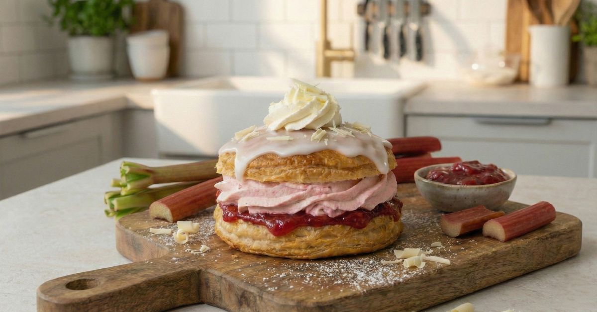 Fastelavnsbolle med rabarber og hvid chokolade i airfryer wienerdej færdig lavet og serveret på et bord med tilbehør