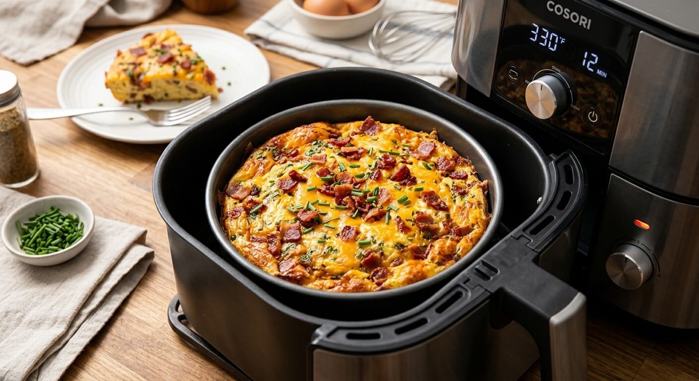 Frittata med bacon og cheddar vist i en airfryer