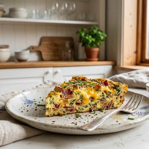 Frittata med bacon og cheddar i airfryer serveret på en tallerken