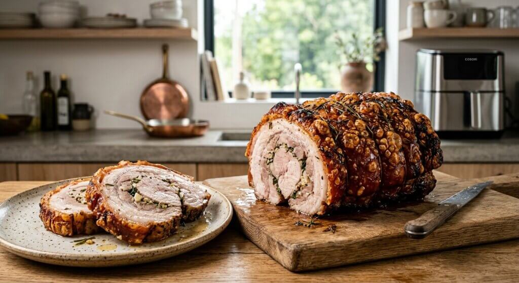 En delvist udskåret porchetta på et skærebræt af egetræ ved siden af en keramisk tallerken med anrettede skiver. Kødet er saftigt med synligt fyld af krydderurter, og den sprøde svær glimter i det naturlige lys fra et moderne køkken.