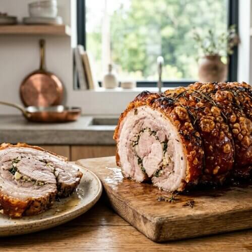 Une porchetta partiellement tranchée sur une planche en chêne à côté d'une assiette en céramique garnie de tranches, la viande juteuse avec une farce aux herbes visible et la couenne croustillante brillant dans la lumière naturelle d'une cuisine moderne