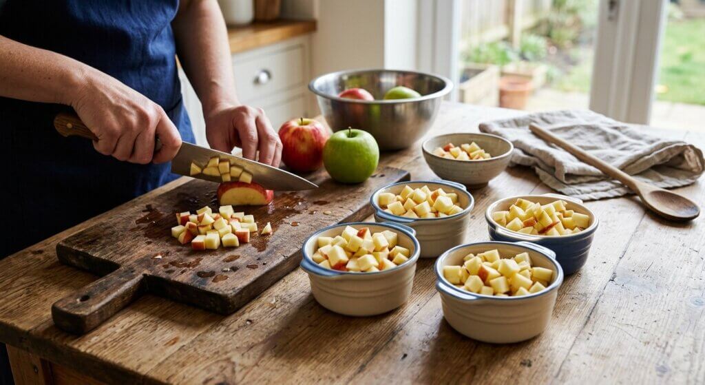 Skyl og skær 4 stk æbler i små tern, og fordel dem i de ildfaste skåle.