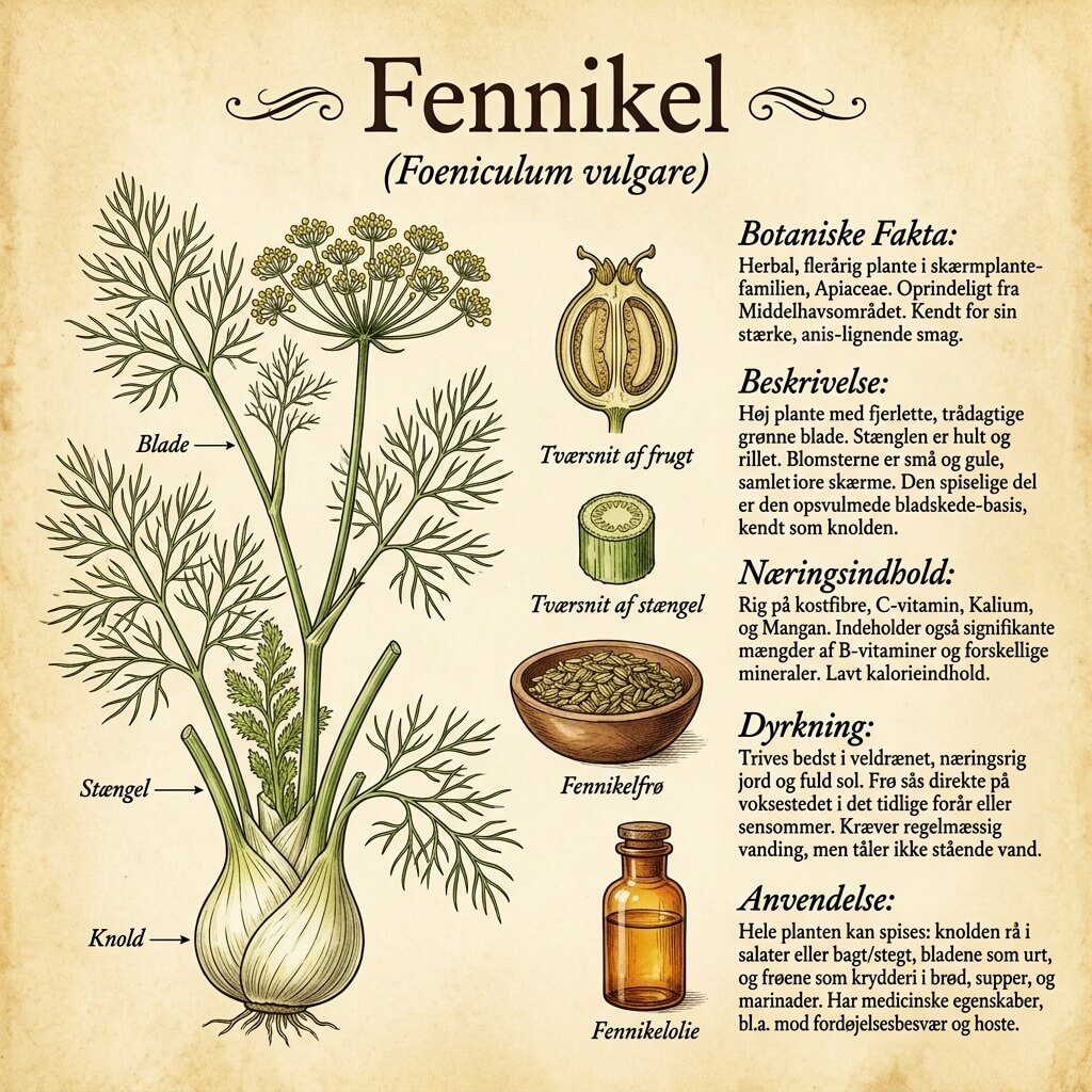 Fennikel hedder på latin Foeniculum vulgare dette er infographic