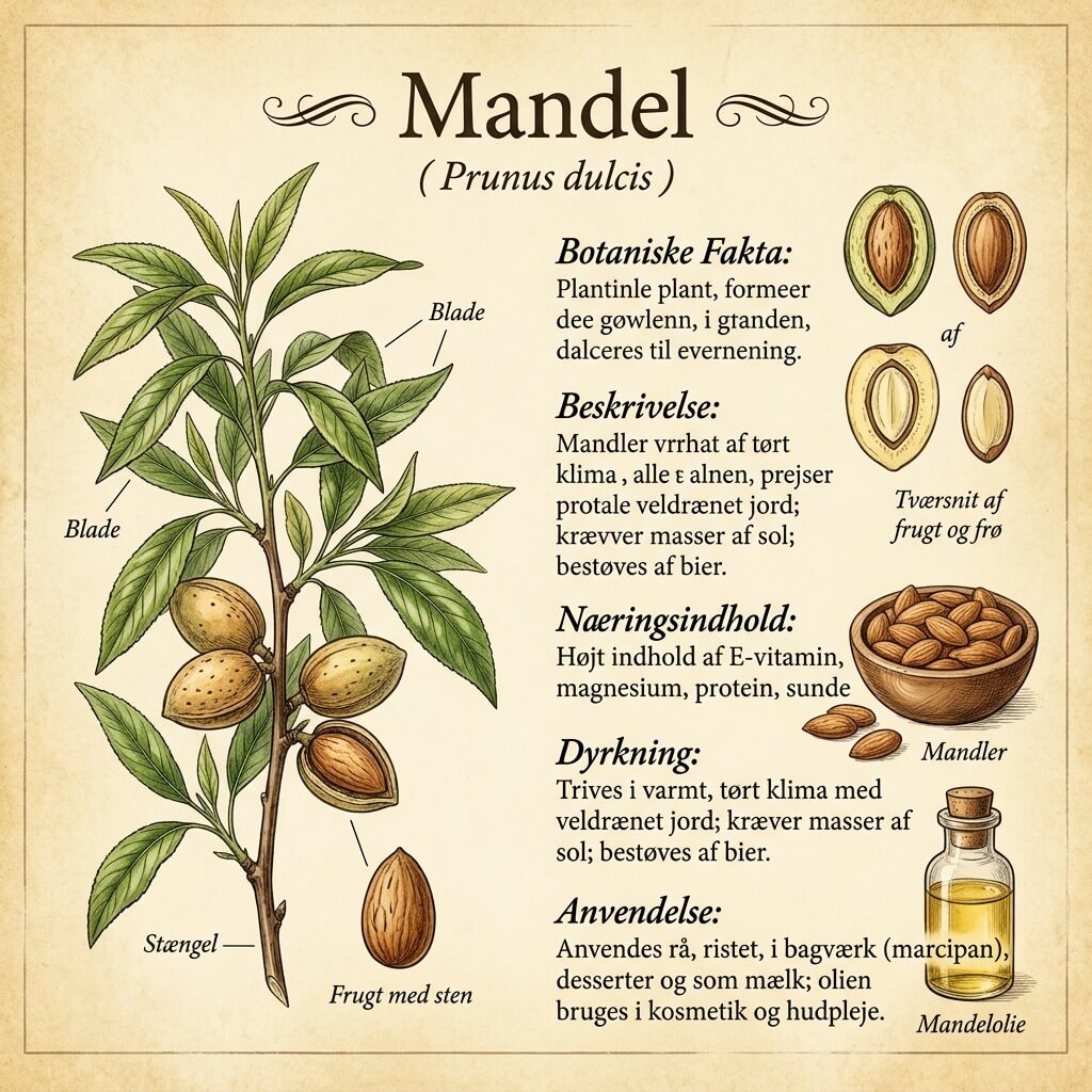 En mesterlig og yderst detaljeret vintage botanisk udstilling i kvadratisk format af mandel factsheet