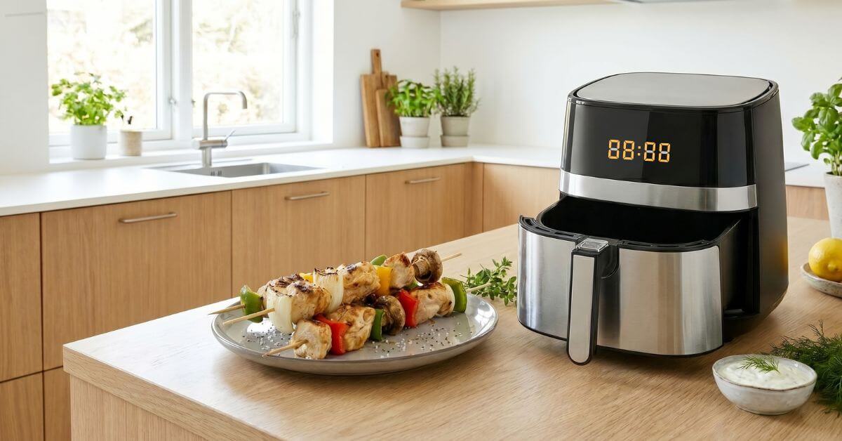 Kyllingespyd som jeg har lavet i min airfryer med grøn og rød peber og løg og spiselige svampe