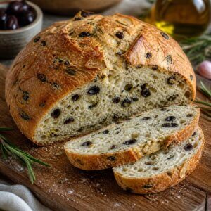 Freshly baked olive bread with a crispy crust