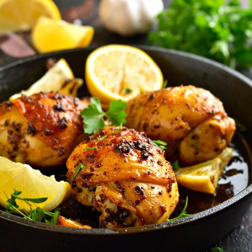 Coxas de frango marinadas no limão e alho com rodelas de limão