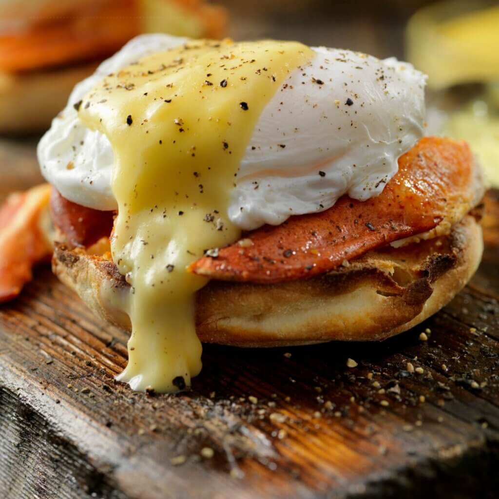 Egg Benedict rapealla parmankinkulla ja uppomunalla